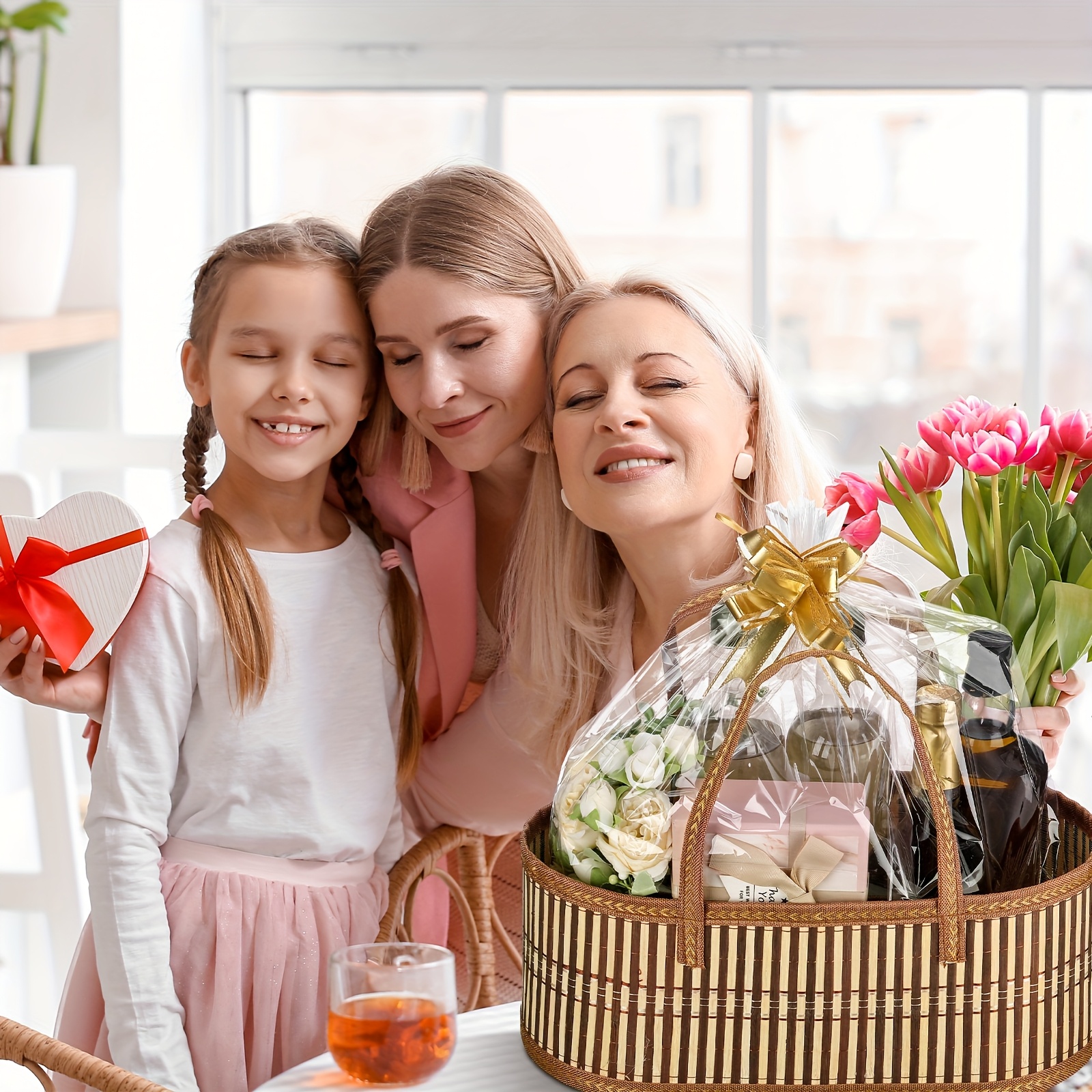 6 Pack Woven Baskets for Gifts Empty Large Bamboo Gift Baskets with Handle Cellophane Wrap Bag And Pull Flower Ribbon Sturdy Foldable Gift Packages for Birthday Wedding Favor Wrapping