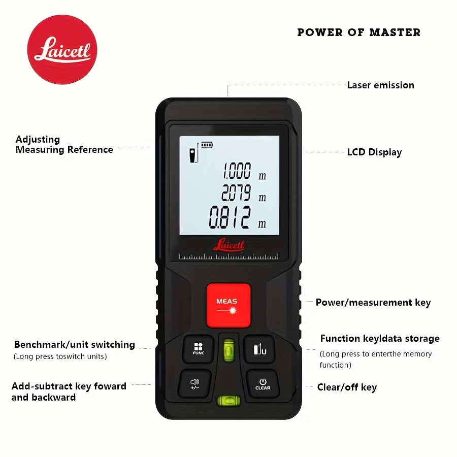 Medidor láser de distancia con doble burbuja Laicetl - Alcance de 50m/160 pies, láser de 0.4-1mW, alta precisión ±0.3mm/s, diseño portátil compacto con pantalla LCD retroiluminada y cambio de unidades, ideal para fotografía, topografía, construcción, equipo de medición, dispositivo ergonómico de mano, cuerpo de plástico resistente