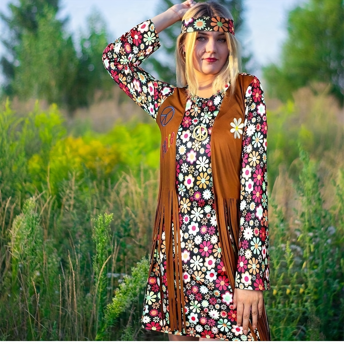 ELFIN Hippie Kleid Set - 60er Jahre Kostüm Mit Accessoires