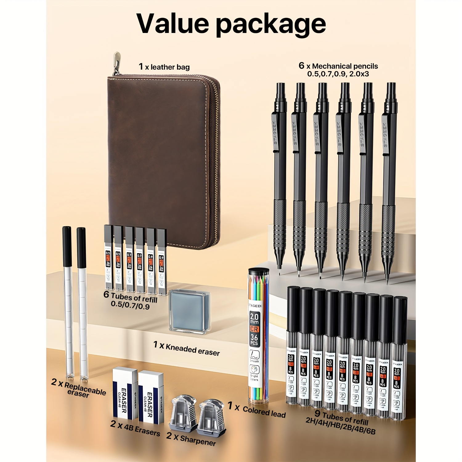 TEMU 30pcs Art Metal Mechanical Pencil Set With Leather Case, 6pcs Art Drafting Pencils 0.5, 0.7, 0.9, 2.0mm Mechanical Drawing Pencils With 300pcs