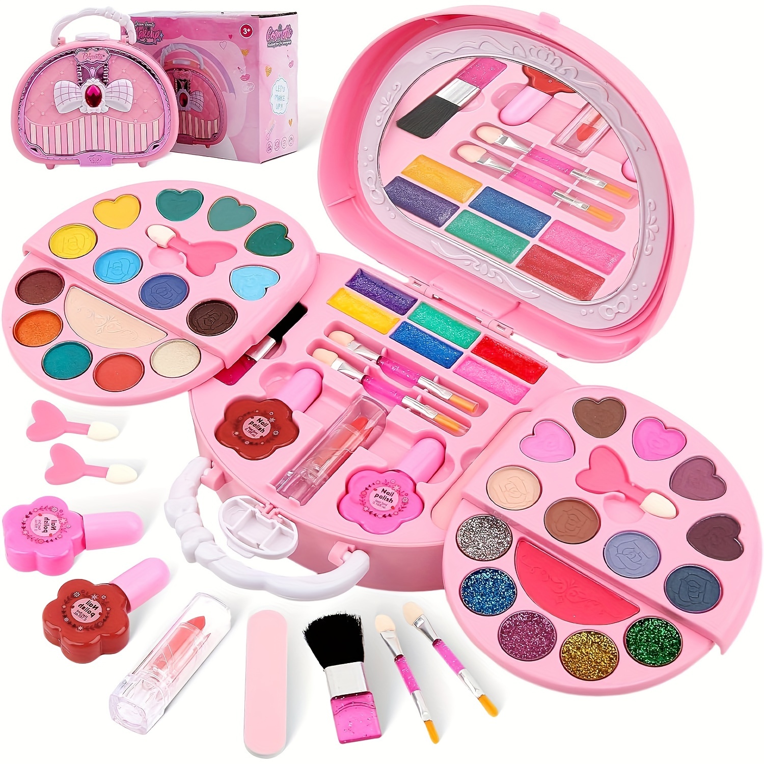 three tier washable makeup suitcase   cosplay featuring real makeup toys including a   brushes lipsticks eyeshadows and accessories this makeup set for little girls is an ideal gift for christmas and halloween