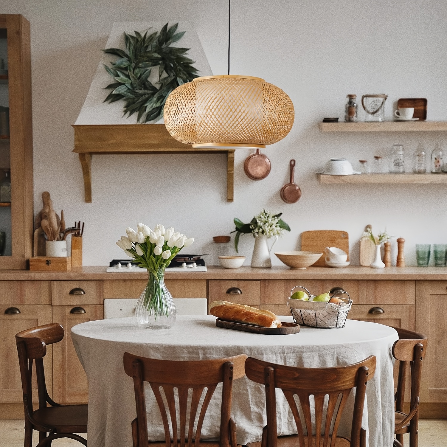 Natural Rattan & Solid Wood Hand-Woven Ceiling Light for Home Decoration