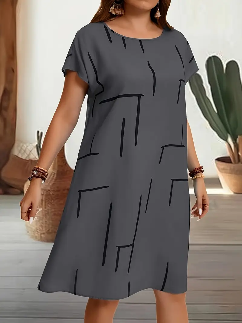 plus size womens casual striped bodycon dress knee length round neck machine washable summer dress with vertical stripes dark grey light contrast elegant special collection body fitting dress comfortable wear Product details 3
