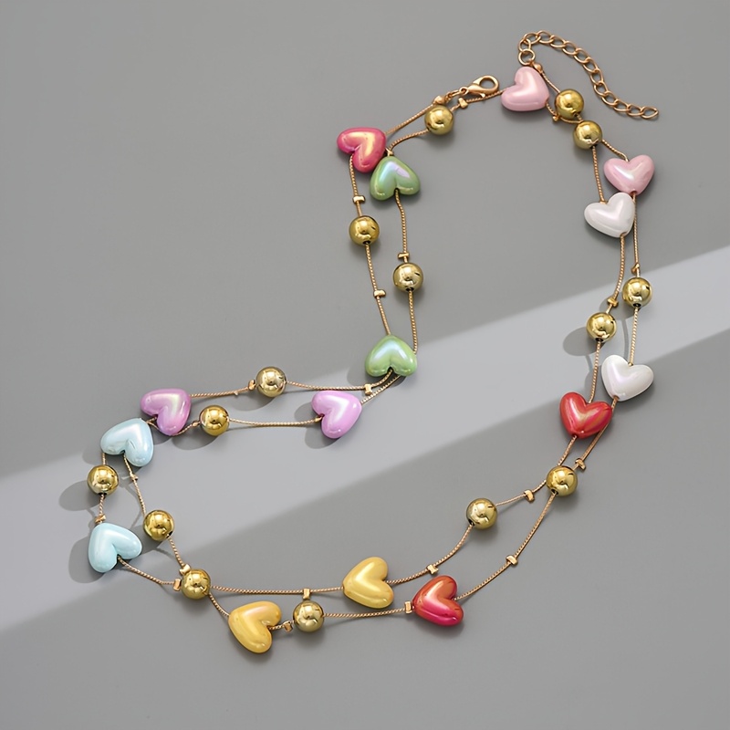 Bohemian Long Cute Candy-colored Heart Necklace For Women, Heart Color Random