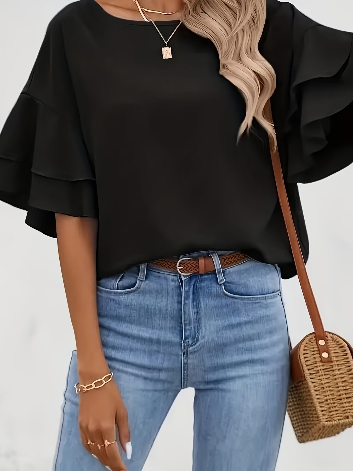 Plus Size Solid Layered Sleeve Blouse, Elegant Half Sleeve Crew Neck Blouse  For Spring & Summer, Women's Plus Size Clothing