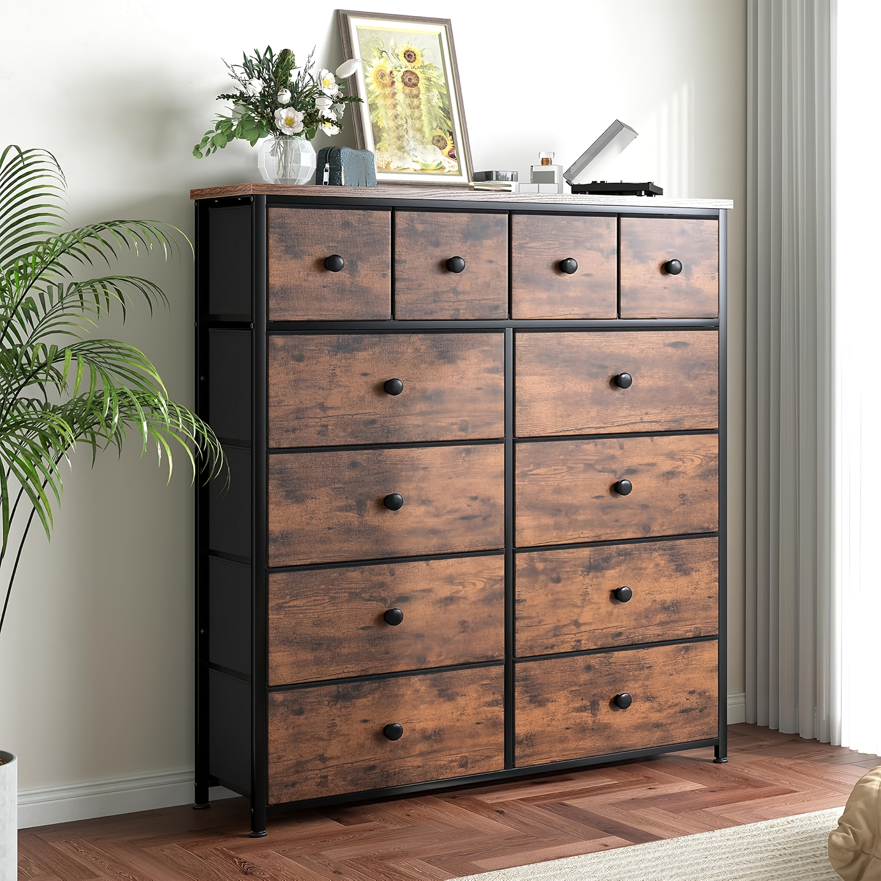 12pcs Office Storage File Cabinet, Modern Dresser, 12-Drawer Fabric Chest  with Wood Top, Sleek Metal Frame Storage Organizer for Office, Brown,  Black, White * Pink, Dark Gray, Gray, Purple