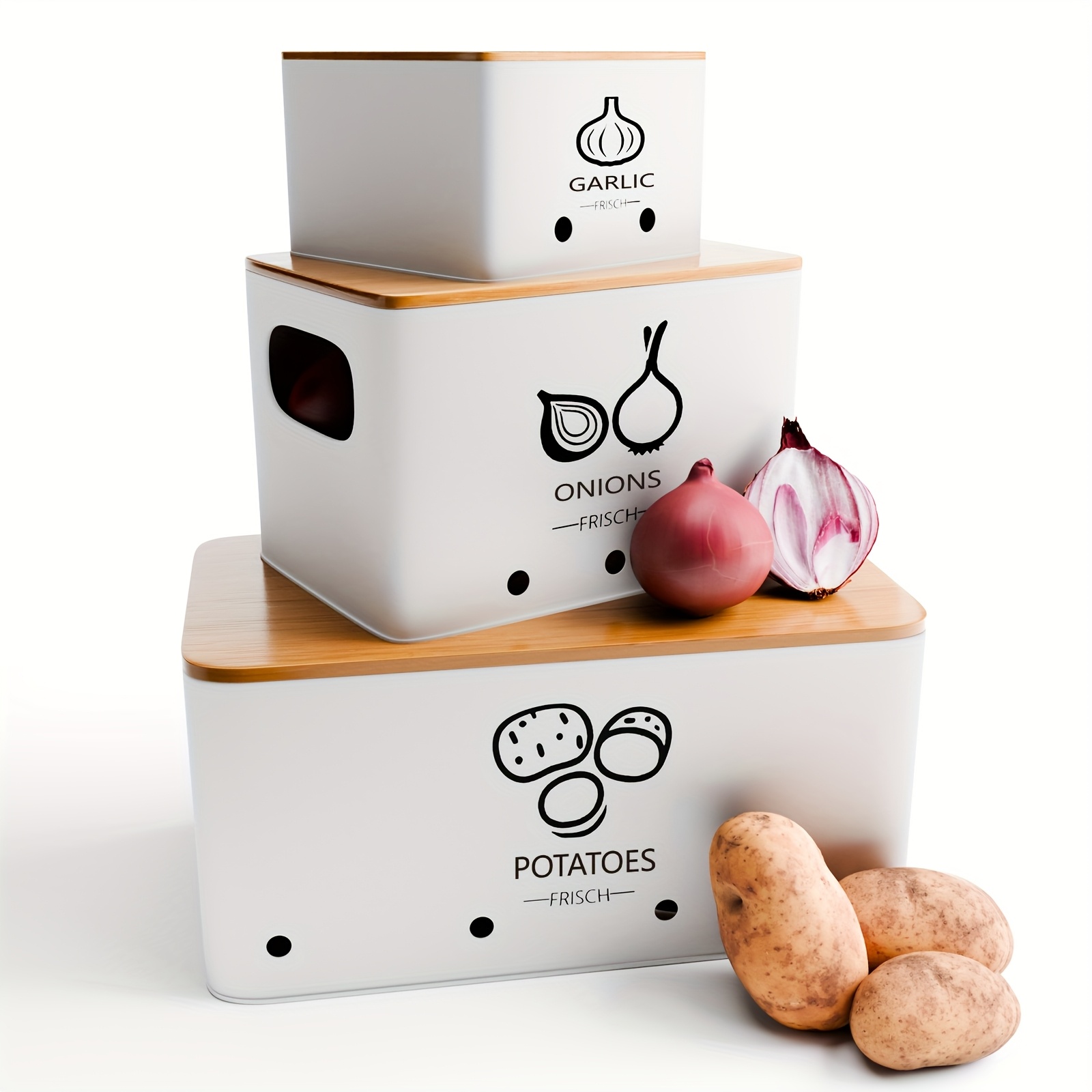 Image of 3pcs Vegetable Storage Box, Potato Onion Garlic Storage Jar Suitable For Kitchen Countertops, Metal Vegetable Preservation Box With Lid, Kitchen Food Storage Room Organizing Jar