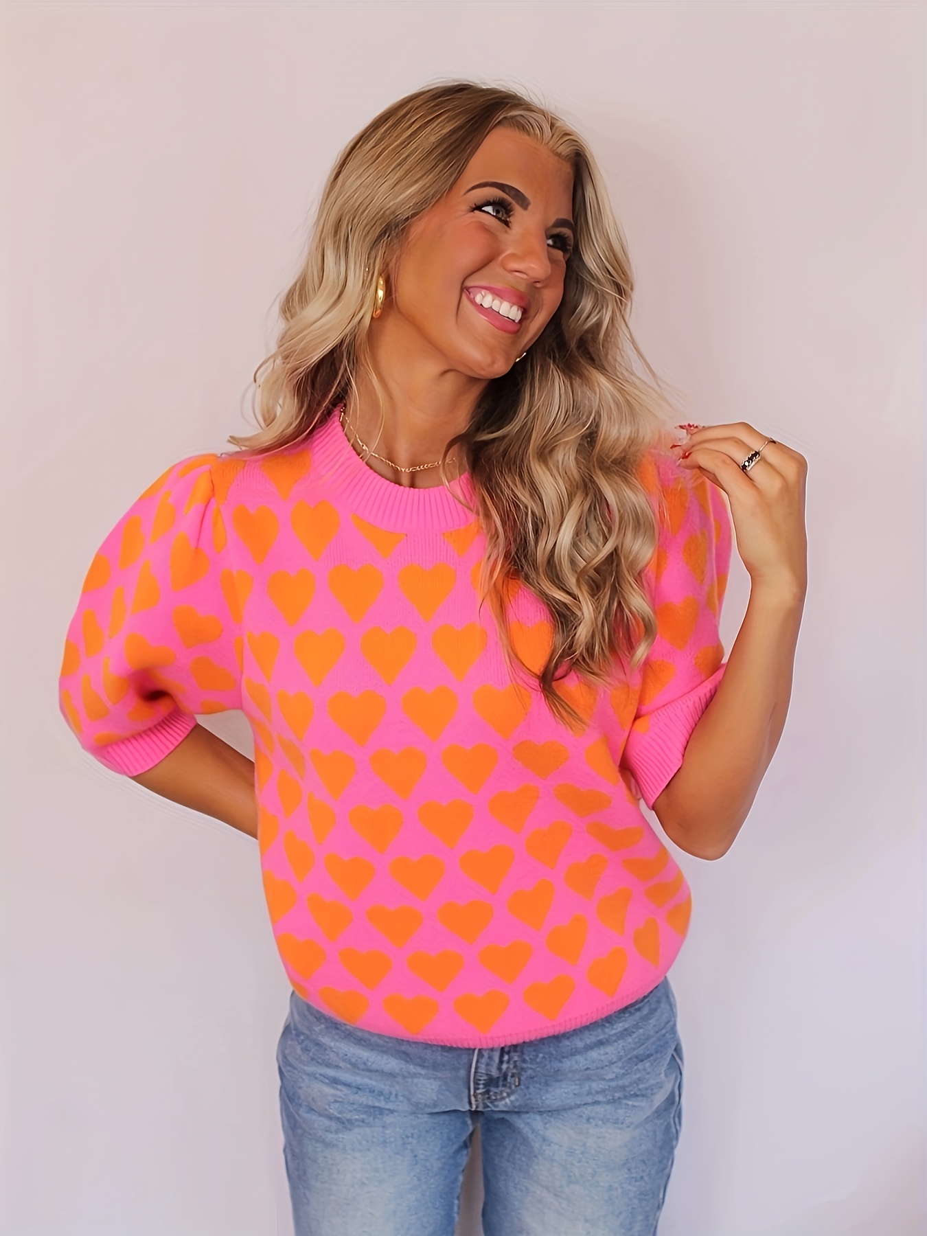 plus size womens plus size casual heart pattern top vibrant     round neck pullover sweater for spring summer short sleeve regular fit casual wear top vibrant   construction cute sweaters   color 0