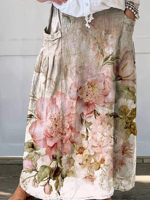 1pc womens vintage floral print midi skirt with pockets casual polyester 95 elastane 5 woven skirt for