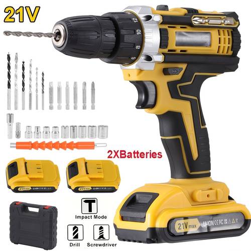 Cordless Power Drill Driver, 21V Electric Drill Screwdriver Tools Kit with 25+1 Torque, 2 Speed with 2 Batteries 1500mAh, LED Light for Home And Garden