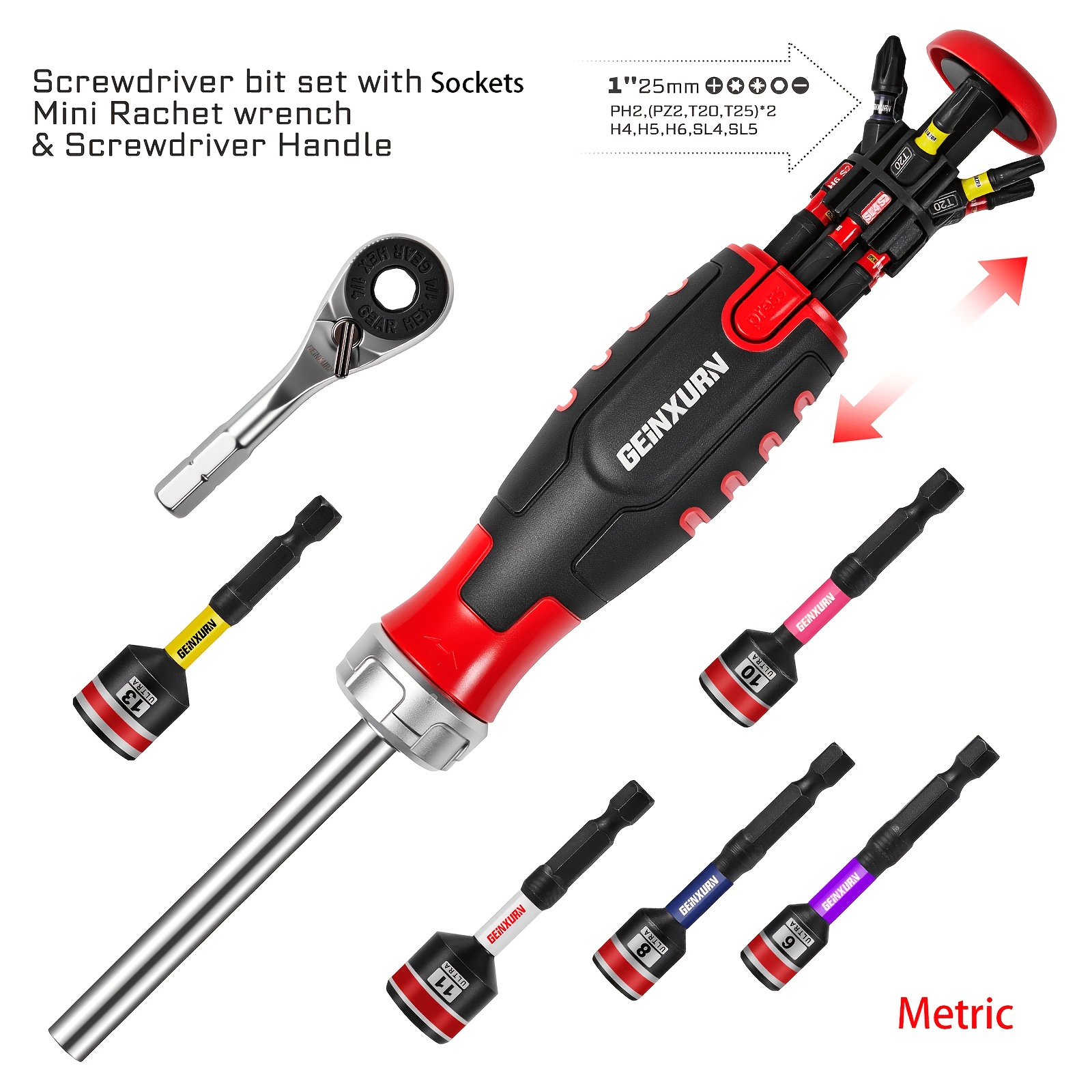 Image of Ratchet Screwdriver Bit Set, 1pc Ratchet Screwdriver (integrated), 1pc Mini Wrench, 12pcs Bits (ph1*1, Ph2*2, Ph3*1, Sq1*1, Sq2*1, Sq3*1, T20*2, T25*2, Sl#8*1, ), 5pcs 65mm Nut Drive