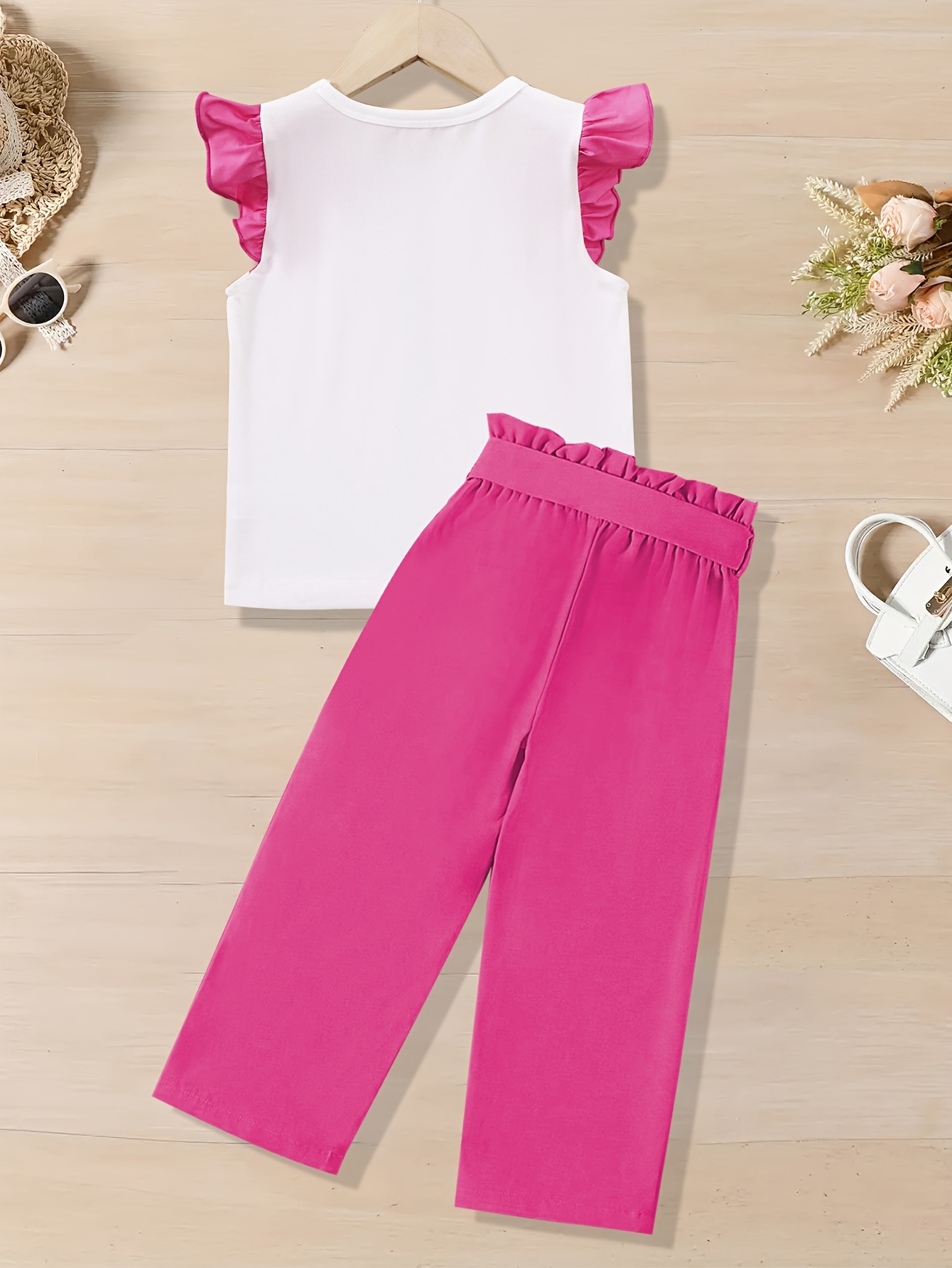 Girls' Puff Sleeve Butterfly Print Short Sleeve Top And Pink Ultra-Loose Long Pants Fashion Outfit, for Outdoor