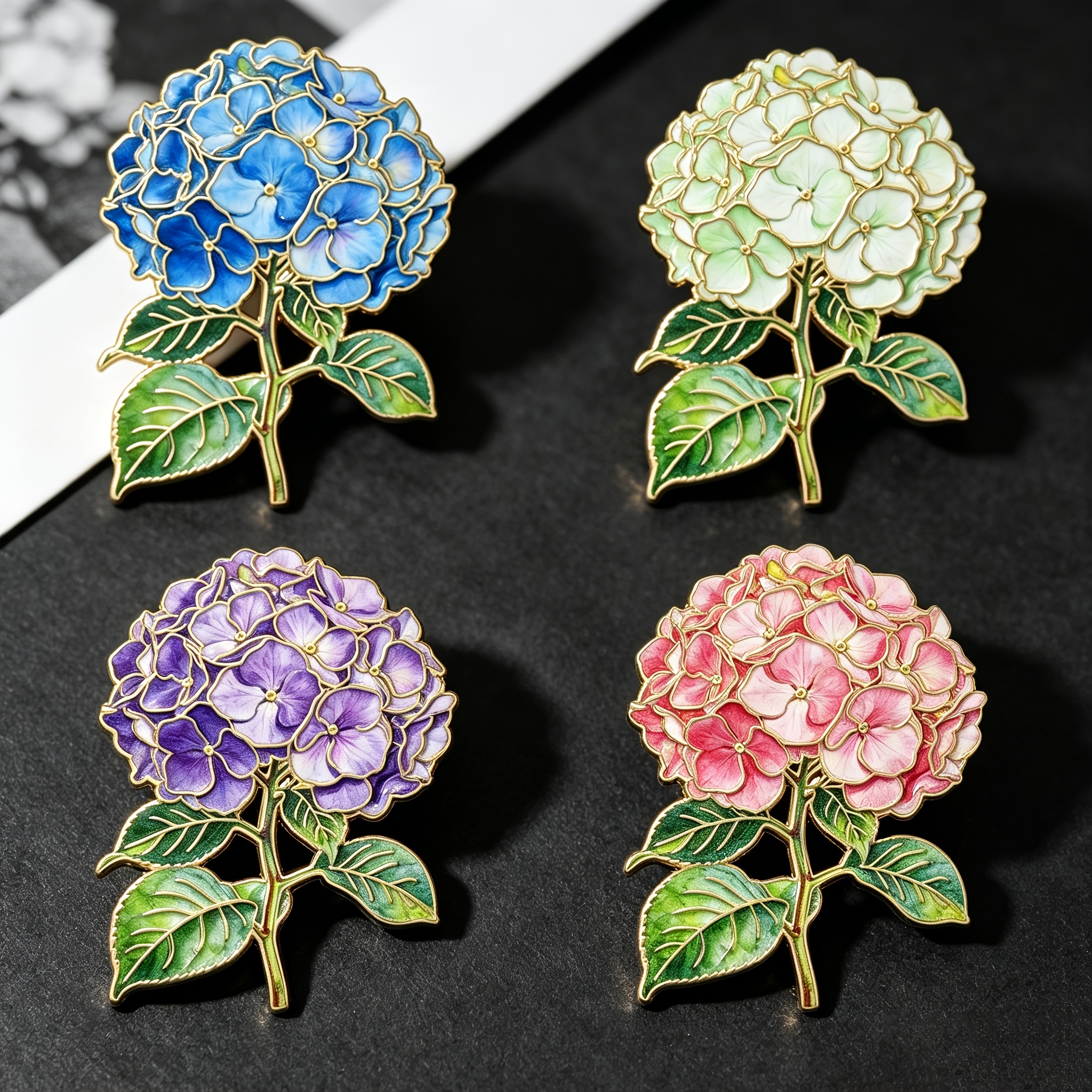 Image of 4pcs Multicolor Hydrangea Enamel Brooch Set, Elegant Floral Brooches, Suitable For Coats And Scarves, An Ideal Badge Gift For Flower Lovers