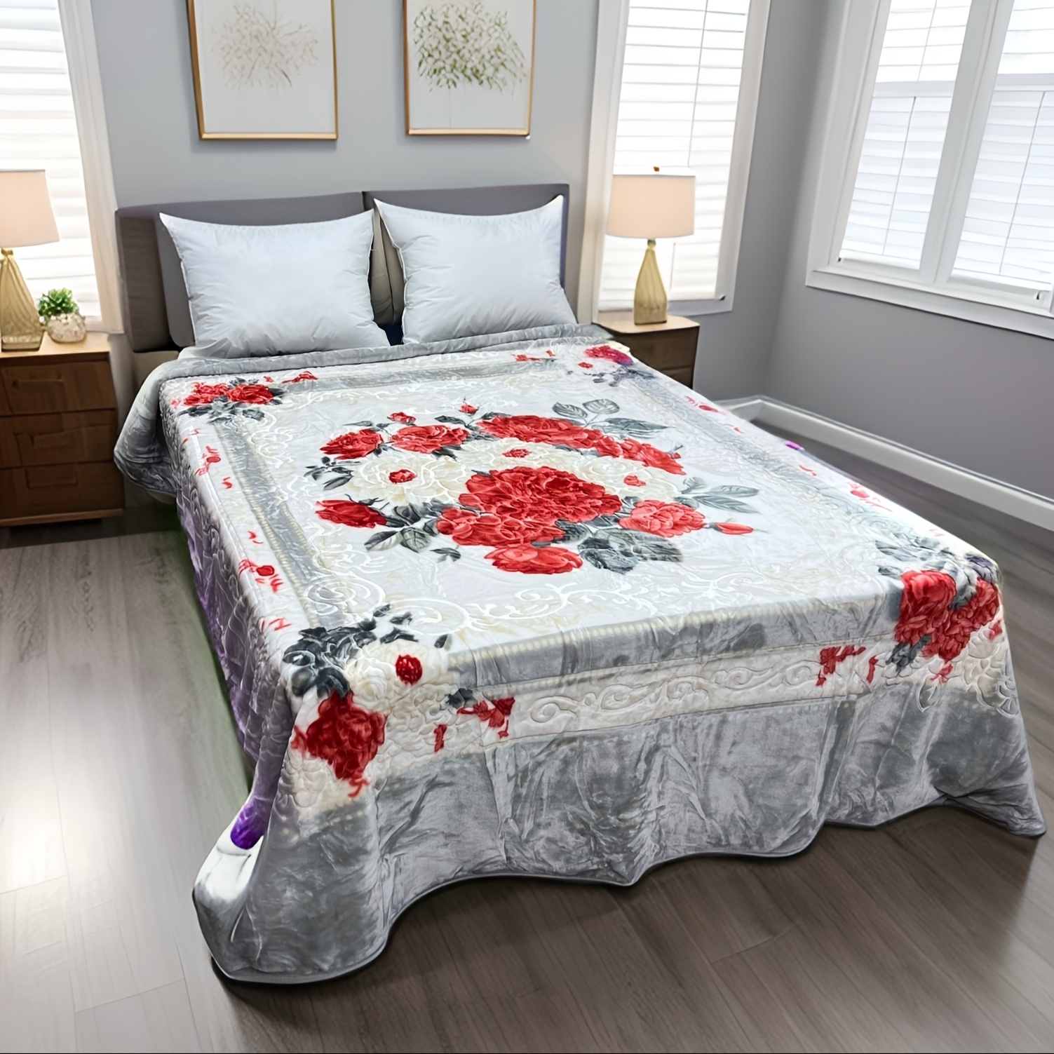   queen size floral embossed   blanket super soft plush   bedspread 83x94 inch red white flower print with   back machine washable no fade shrink 5lbs blanket for bed home decor     bedding decorative cover stylish bedrooms details 4