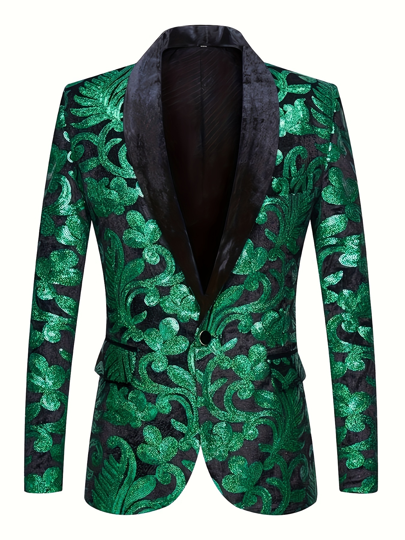 Men Fashion Velvet Sequins Floral Pattern Suit Jacket