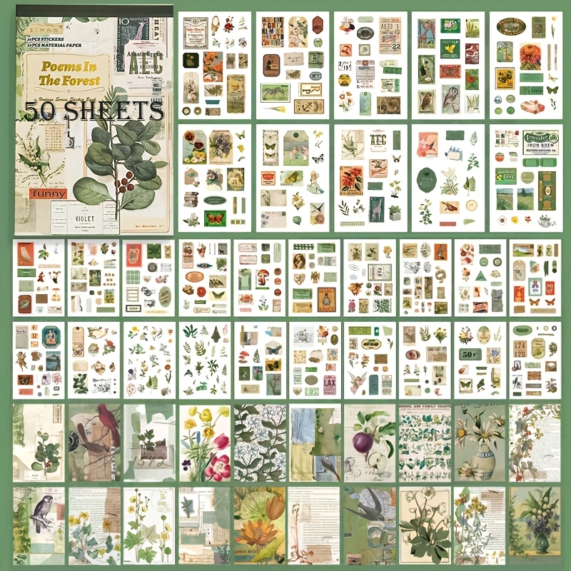 Image of Washi Vintage Stickers Book, Forest Junk Journal Supplies, 50pcs/book, Precut Aesthetic Stickers & Scrapbooking Papers Diary Planner Album Diary Notebook Crafts