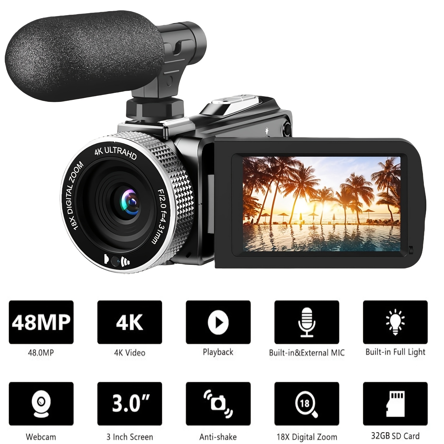 4k video kamerası mini mikrofonlu 60fps uhd vlogging kameraları için 18x dijital zoom 3.0ips ekranlı 32gb kartlı kamera
