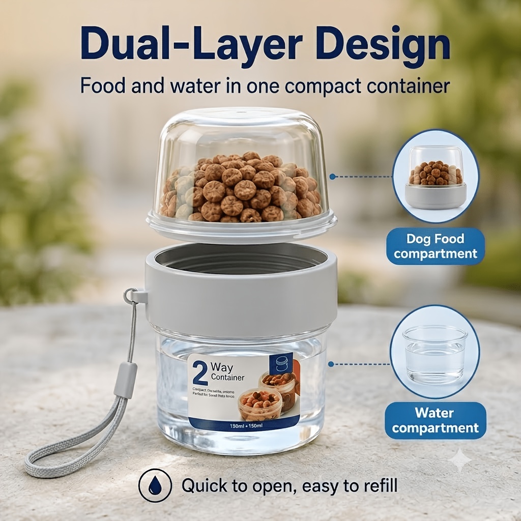 1  in 1 portable pet travel feeding cup double layer split design 150ml 150ml pet food water container with hand strap transparent treat storage compartment for cats small dogs puppies for daily walking park trips pet training snacks Product details 4