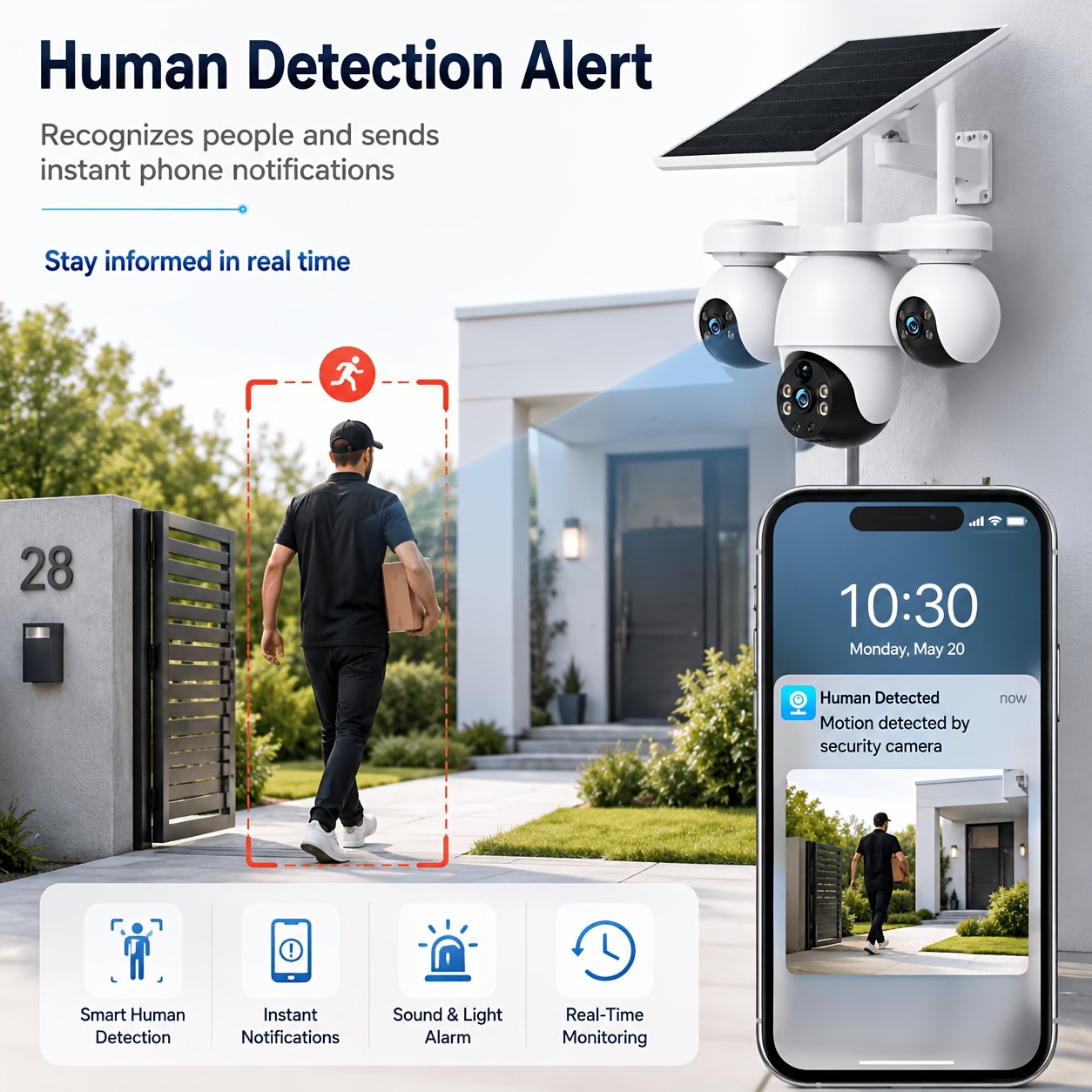 Caméra de sécurité V380MAX | Enregistrement toutes saisons 6MP, prend en charge le WI-FI 2.4Hz, système de surveillance sans fil, fonction audio bidirectionnelle, rotation à 360°, détection de mouvement simultanée à trois objectifs, stockage cloud, convient pour une utilisation extérieure, commerciale et domestique