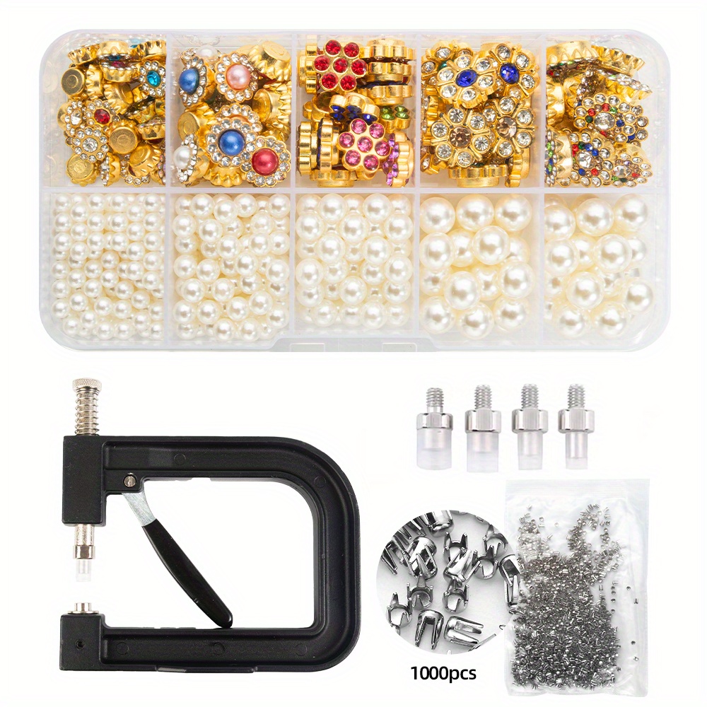 TEMU Portable Setter Kit With 1000pcs Prong Studs And 10/ 15 Grid Pearl Rhinestone Box|diy Tool Set For Wedding Dresses Hats Crafts| Christmas Easter