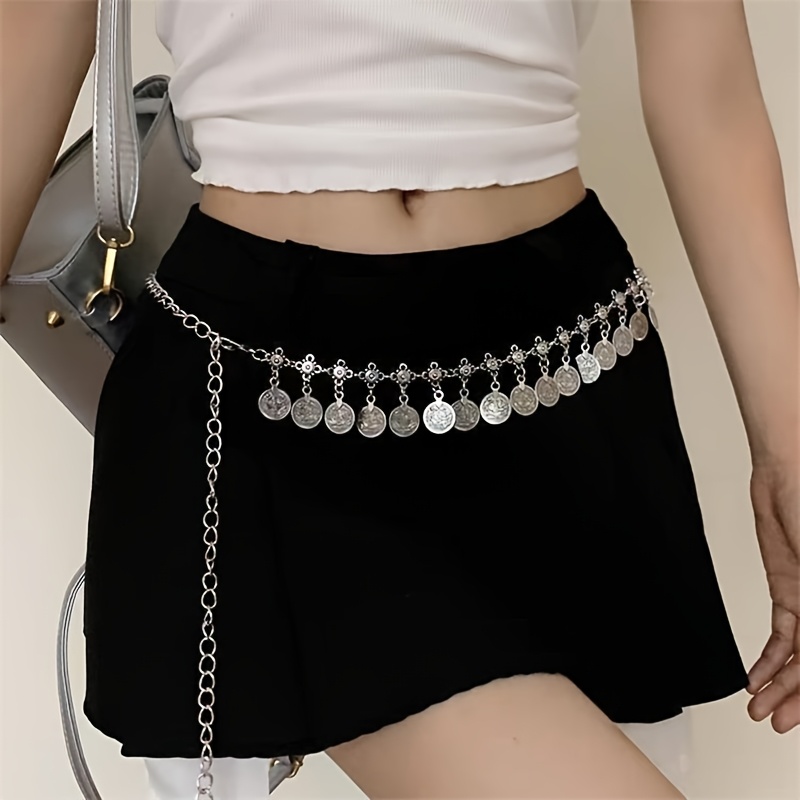 TEMU 1pc Golden/silvery Belt Chain Y2k Bohemian Style Coin Tassel Belt Decorative Belt Chain With Skirt Retro Niche All-match Thin Waist Belt