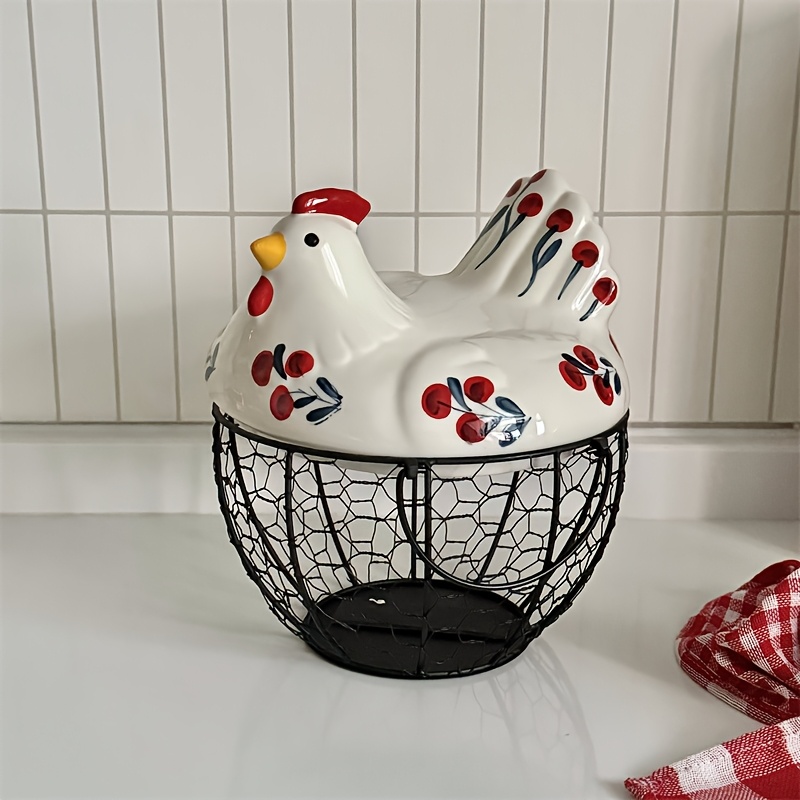 TEMU Panier à œufs en céramique et fil de fer de poule de ferme avec couvercle - Support de rangement multi- pour œufs, fruits et légumes,