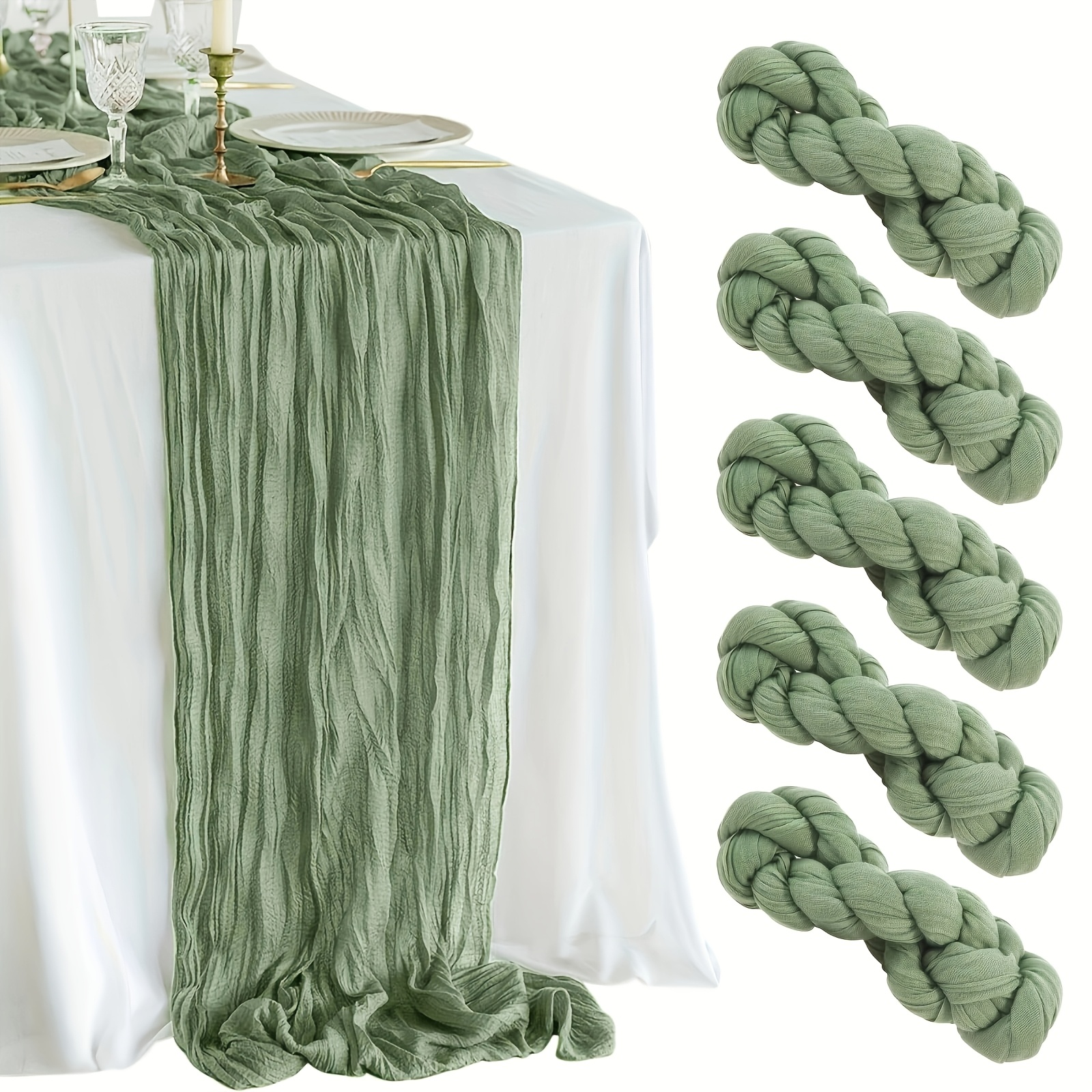 TEMU 5pcs Of Polyester Braided Sage Green Table Runners, 6-foot Pleated Design, Perfect For Birthday Party And Wedding Table Decoration