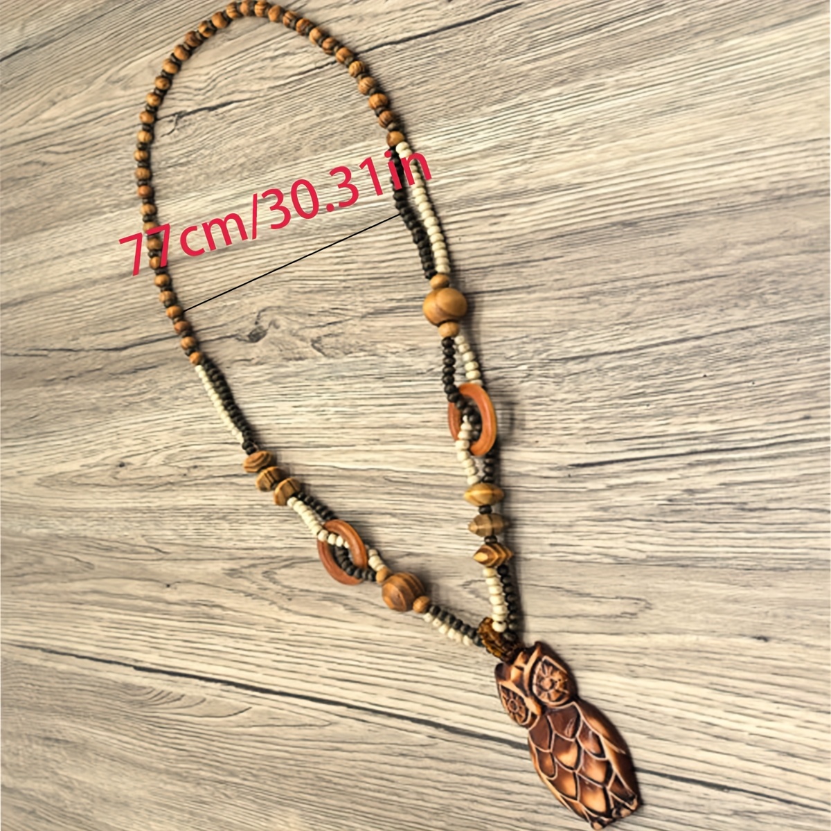 Bohemian Wooden Bead String Square Carved Maple Leaf Owl Elephant Necklace