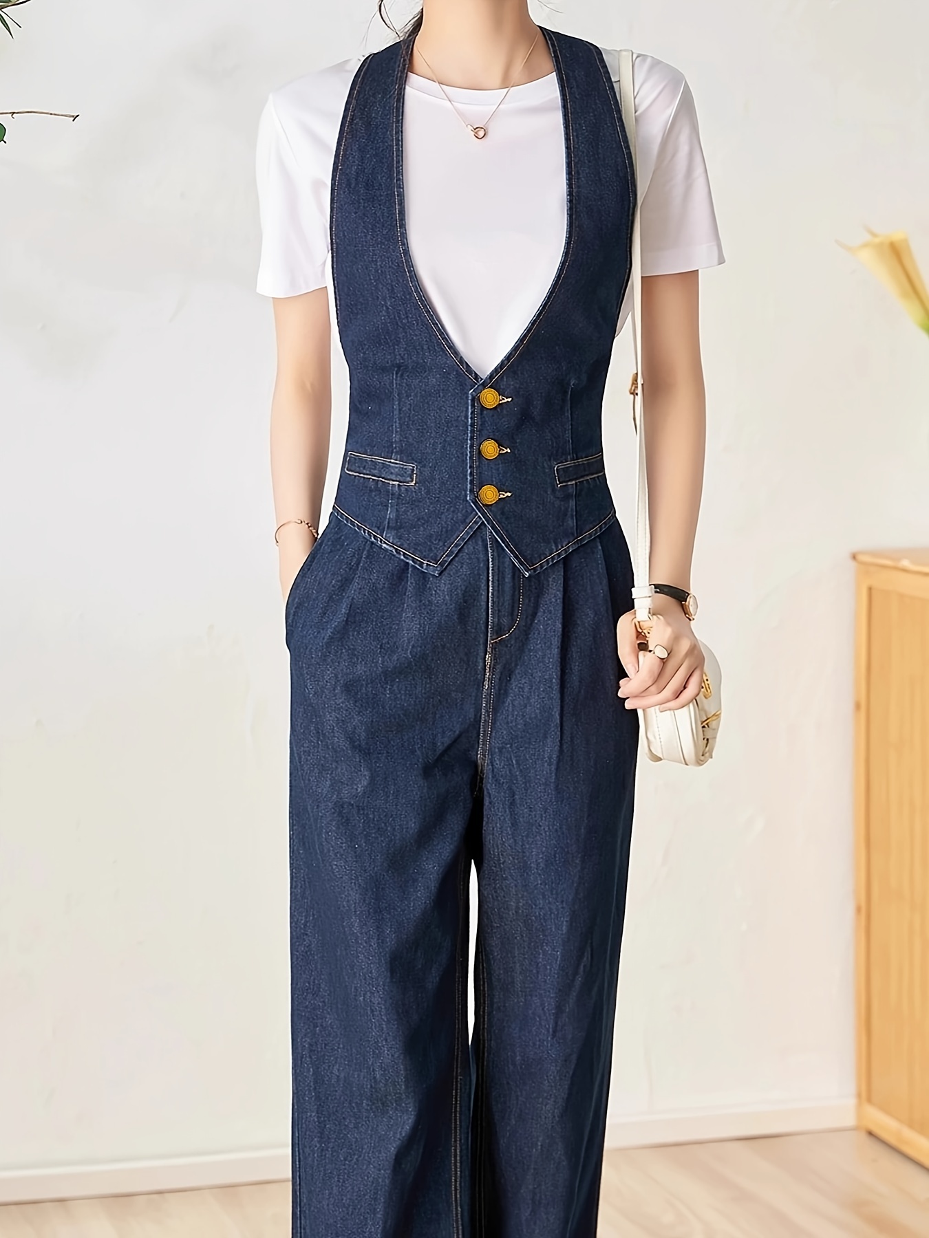 Four-Season Solid Color Womens Elegant Denim Jumpsuit - V-Neck Waist-Cinched 2-in-1 Overalls with Suspender Details, Non-Stre...