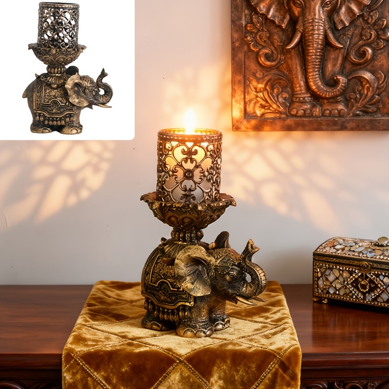 TEMU 1 pièce Bougeoir décoratif éléphant rétro noir et doré pour Ramadan, Support de bougie décoratif pour étagère de bureau intérieure, Décoration