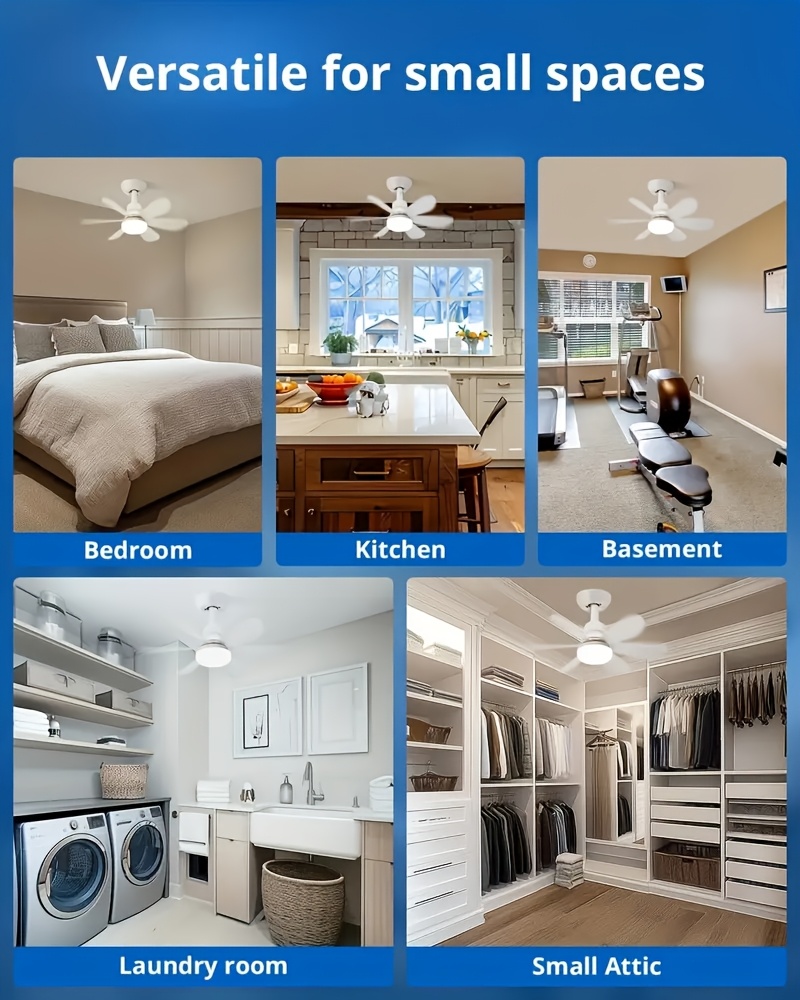 Ventilador de Techo con Luz y Control Remoto, Iluminación LED con Ventilador, 3 Velocidades de Flujo de Aire Silencioso y 3 Temperaturas de Color (3000K-4500K-6500K), Instalación Sin Herramientas + Temporizador, Ventilador de 6 Aspas E26/E27, Ideal para Dormitorio, Sala, Cocina, Garaje, Tiendas y