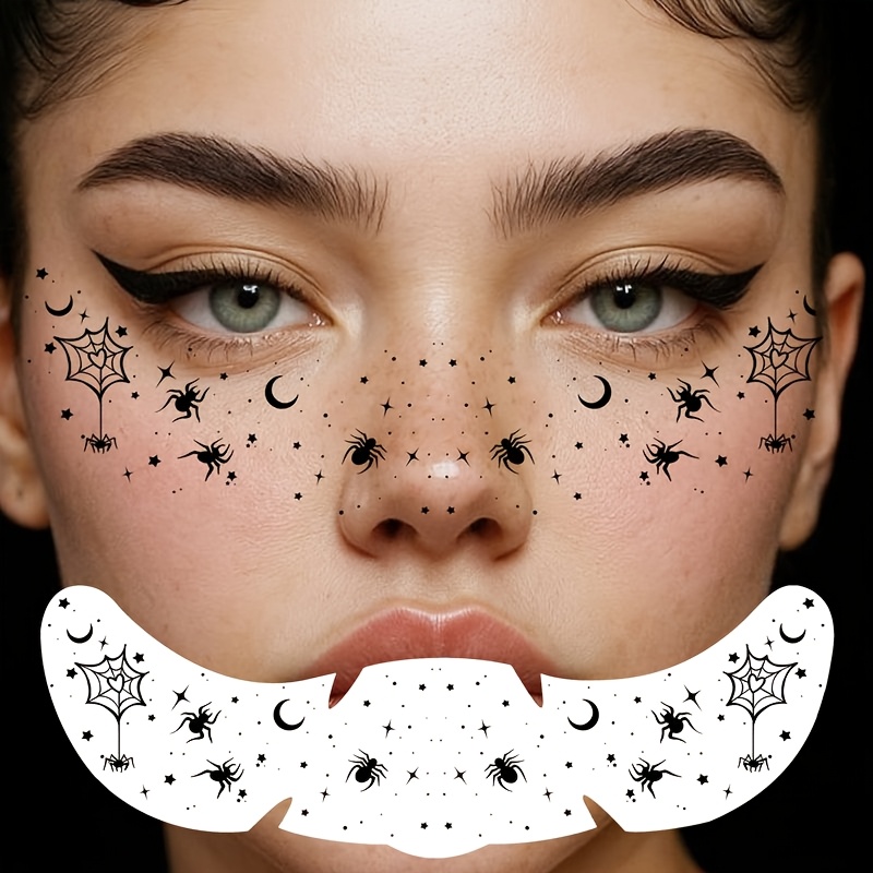 Image of 1 Sheet Face Freckles Tattoos Halloween Temporary Tattoos Party Favor Supplies, Realistic Spiderweb Fake Tattoos For Face Witch Vampire Zombie Makeup Halloween Costume Rave Accessories Last Long