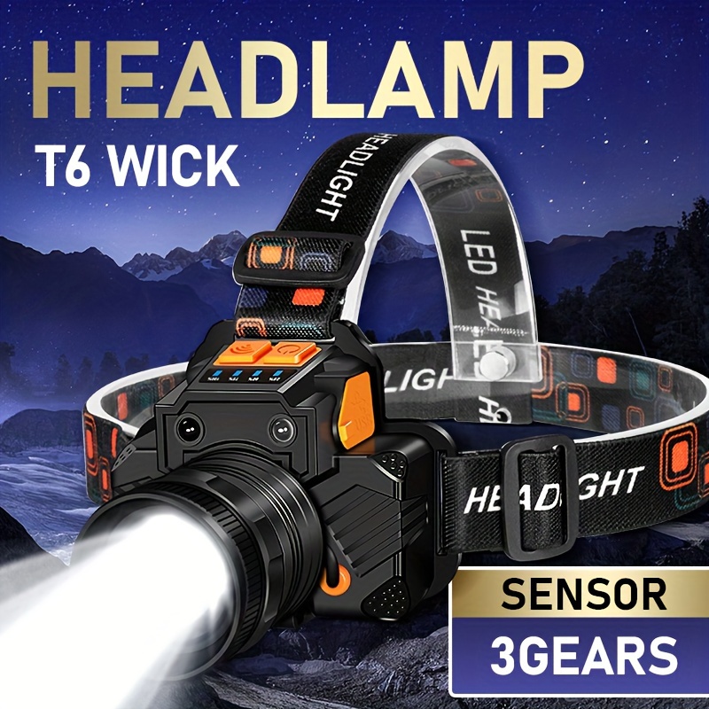 

1pc Led Sensor Headlamp, Usb Rechargeable Super Bright Head Flashlight, Zoomable Motion Sensor Head Light, Built-in Battery Gift For Father's Day For Camping Hiking Outdoor