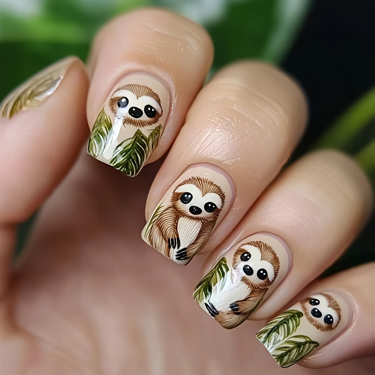 TEMU Short 24pcs Animal Print Fake Nails, Fashionable Striped Nail Stickers, Removable And Reusable Sloth Design Press-on Nails, Convenient For