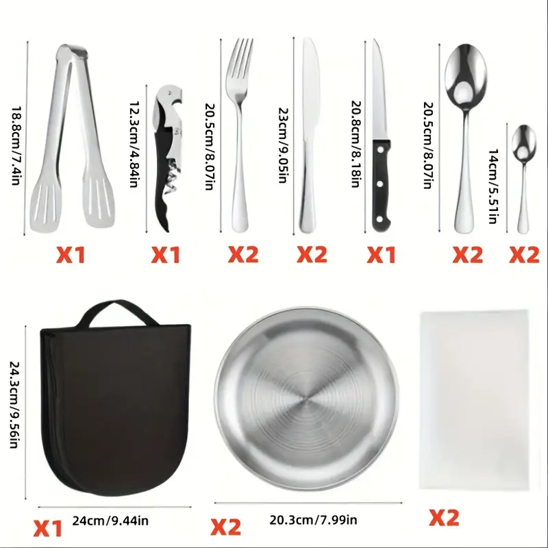 outdoor camping tableware set with box 16pcs stainless steel utensils including dinner knife forks plates soup spoon bottle opener coffee spoon tongs and storage bag reusable and dishwasher safe suitable for outdoor travel picnic camping party meals etc Product details 1