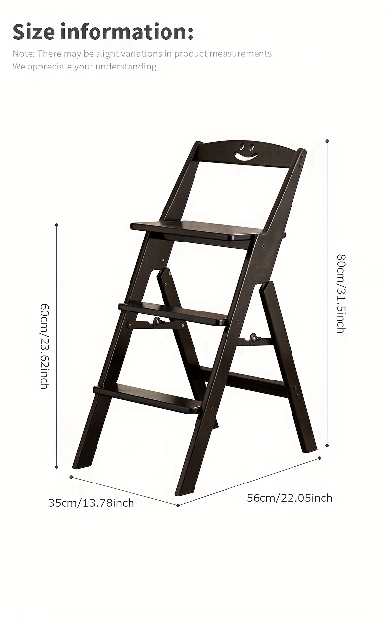 1pc Black All-Bamboo Bar Stool, Bar Counter Dining High Stool with Backrest, Folding Chair, No Assembly Required, Patio Outdoor Garden Step Stool, Household Three-Step Step Stool, Climbing Ladder, Suitable for Garden/Office/Library/Kitchen/Cafe