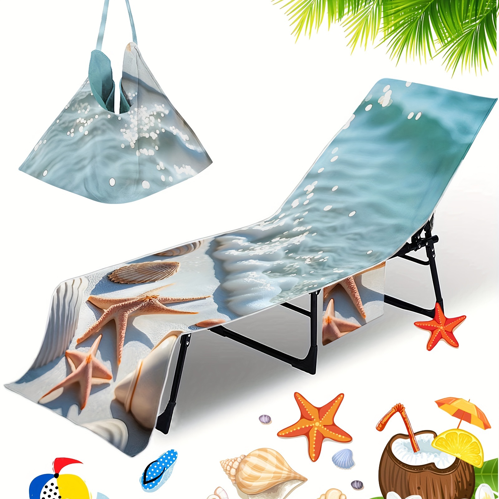 E-shop Strandstuhlbezug mit Seesternmuster, Mikrofaser schnelltrocknender Handtuch-Poolstuhlbezug, Strandtuch-Stuhlbezug mit Tasche, Urlaubszubehör,