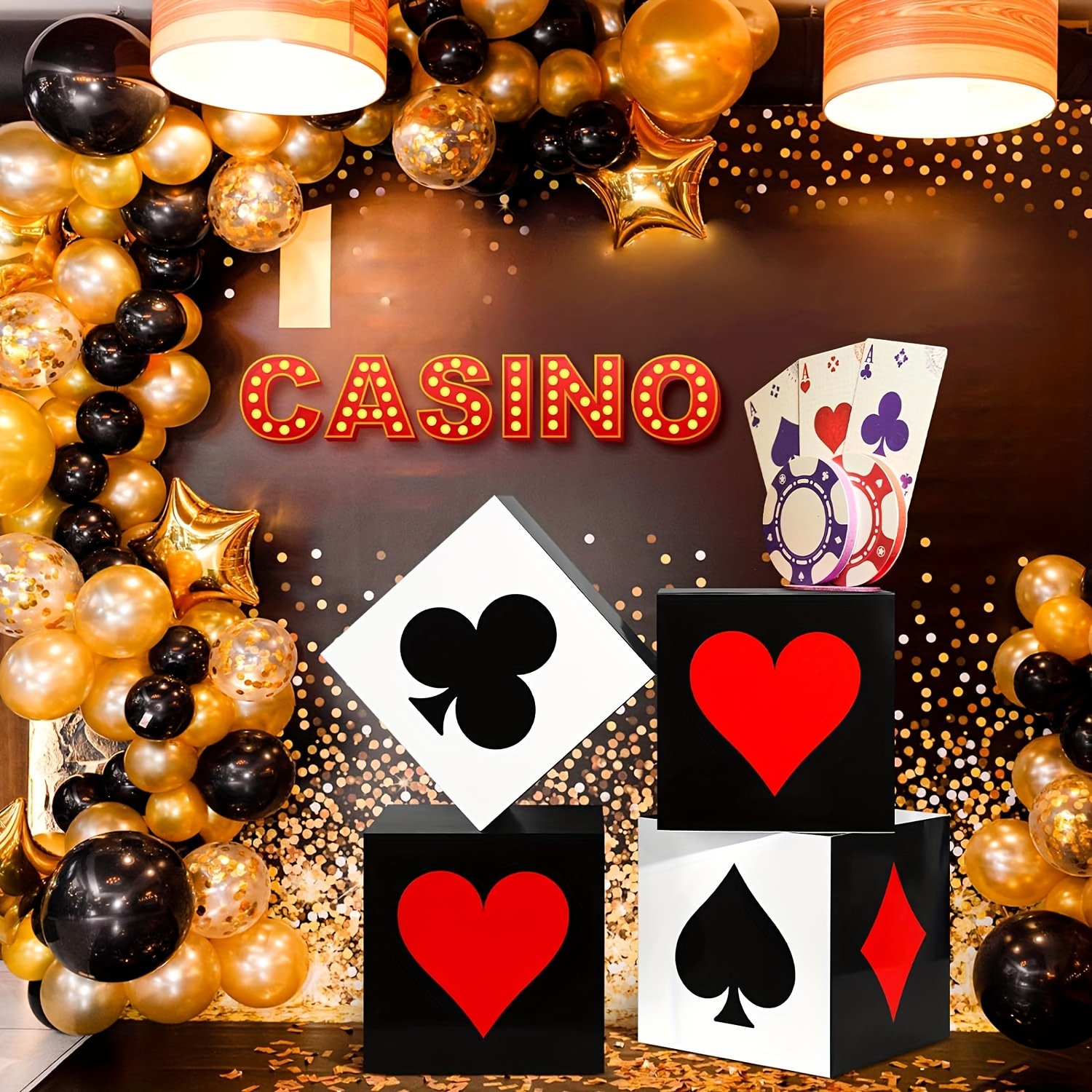 

4-pack Casino Night Party Favor Boxes - 5.9" Poker & Dice Themed Decorations For Las Vegas Game Nights, Birthdays, Graduations - No Balloons Included
