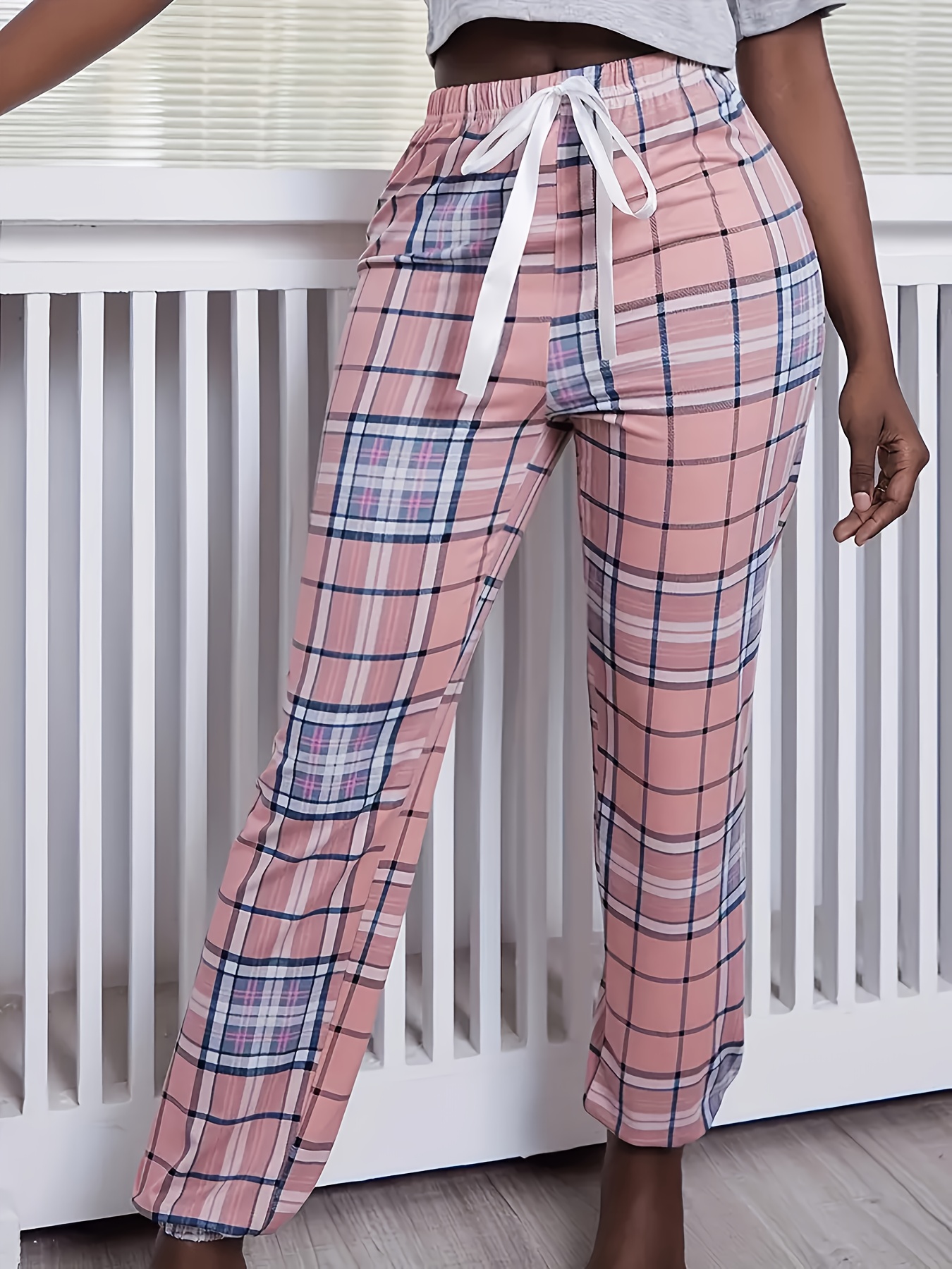 Women's Lightweight Pajama Pants Pink White Grid Design, Elastic  Drawstring Waist, Comfortable Straight Leg Trousers for Home or Casual Wear