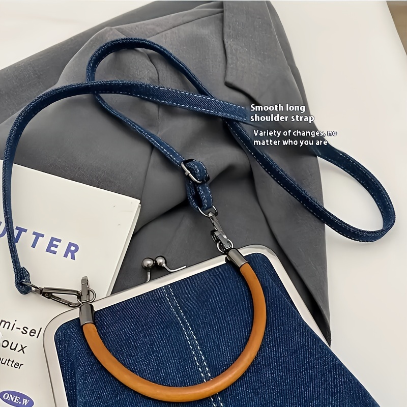 Women'S Fashion Denim Crossbody Bag with Clasp Closure and Wooden Handle, Foldable Handmade Jeans Purse, Solid Blue with Tassel Accents, Polyester Lining, Painted Edges - Artisanal Commuter Handcrafted Messenger Bag, Perfect for Thanksgiving/Christmas/Halloween/New Year Gifts details 7