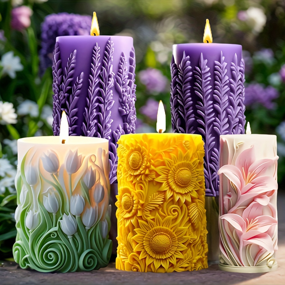 

3d Flower Cylinder Silicone Candle Mold - Resin Casting Mold For Diy Candle Making, Home Decor Mold, Sunflower Tulip Lavender Floral Pattern Silicone Mold For Resin And Candle Crafting