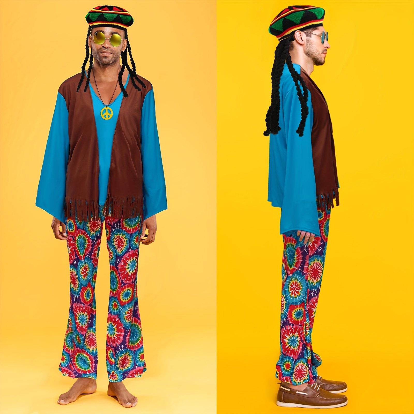 5pcs 60s 70s Hippie Costume Set for Men Retro Disco Outfit with Colorful  Paisley Pants Vest, Rasta Hat Dreadlocks Wig, Peace Sign Accessorie