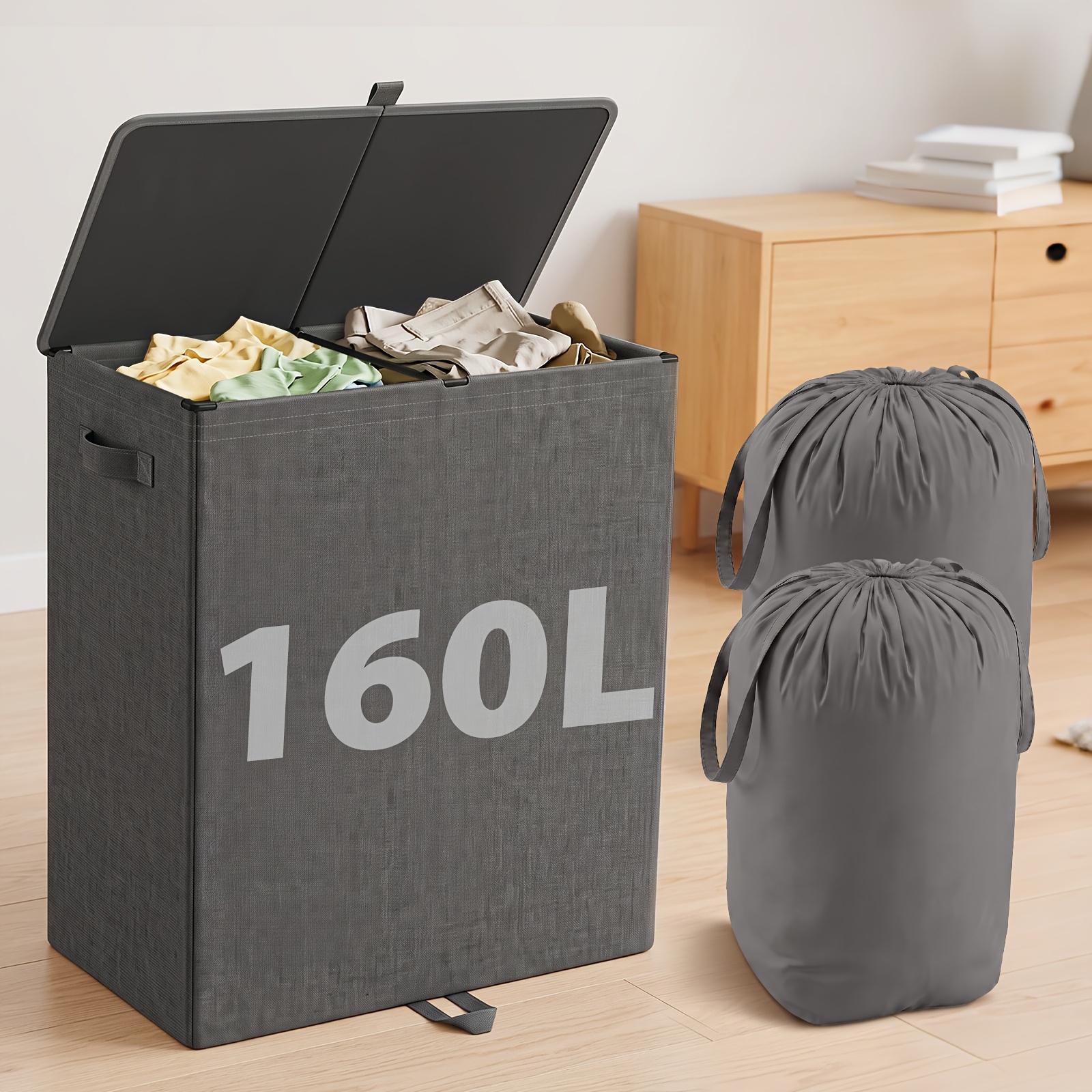 Image of Sekey 160l Laundry Basket With Lid, Foldable Laundry Baskets With Removable Laundry Bag And Carry Handle, Dirty Laundry Container For Bedroom, Bathroom, Dormitory, And Laundry Room, Laundry Baskets