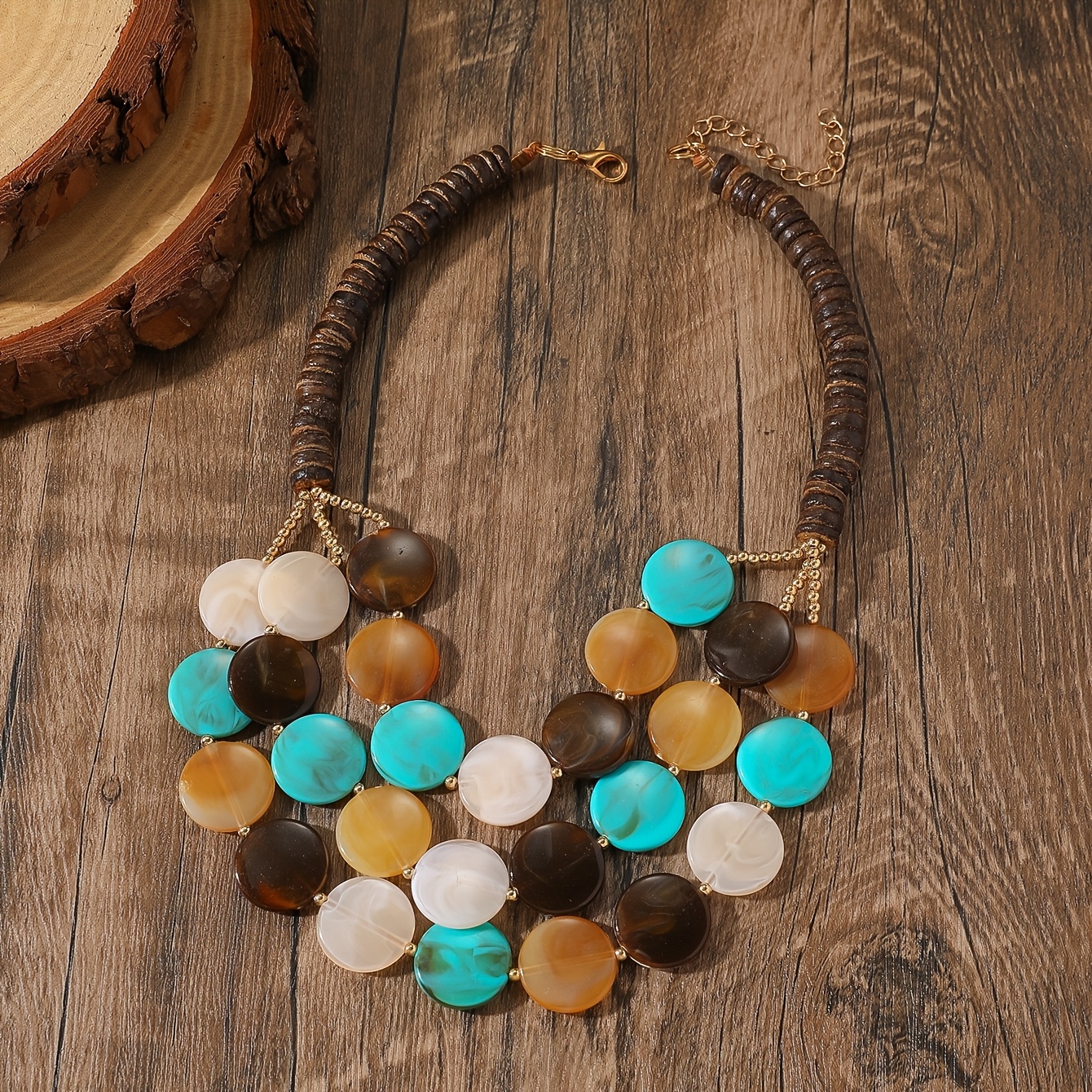 TEMU Collar de geométrico multicapa estilo bohemio para vacaciones, collar de cuentas acrílicas hechas a con concha de coco, cadena de clavícula de