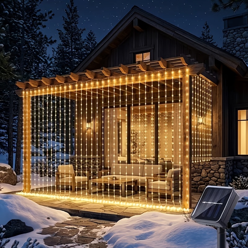 E-shop 8 Lichtmodi Solarbetriebene Vorhang-Lichterkette, Outdoor Wasserfall LED Lichterkette für Weihnachts-Garten-Hof-Balkon Hochzeit Camping
