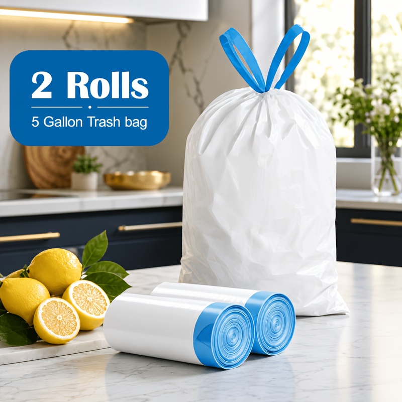 TEMU 30-count 5-gallon Drawstring Trash Bags, 2 Rolls Of Strong White Garbage Bags With Blue Handles, Leak And Tear Resistant Small Trash Can Liners