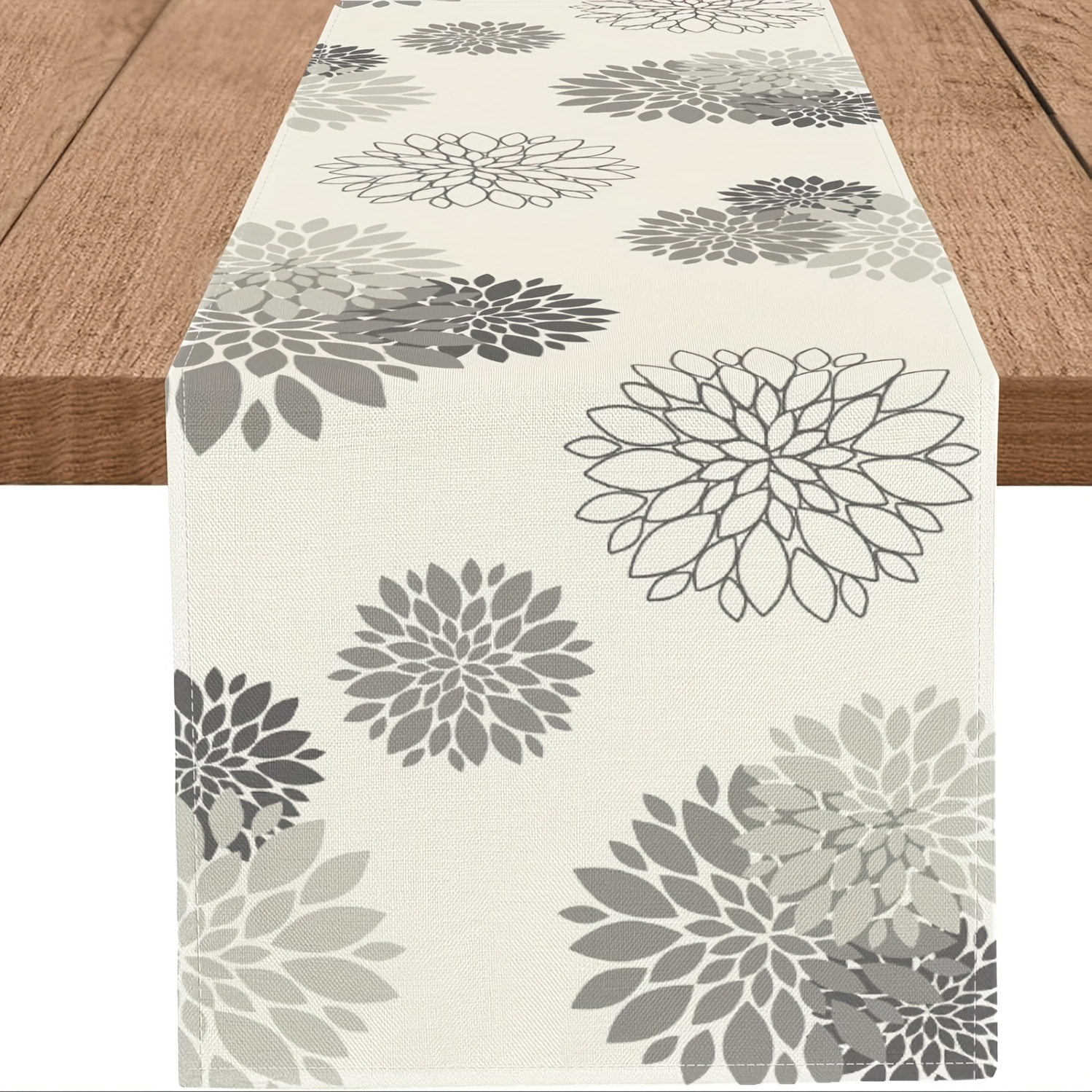 Modern Elegant Floral Beige Table Runner With Geometric Pom-poms For Home Kitchen, Dining Room, Party, Indoor & Outdoor Decor
