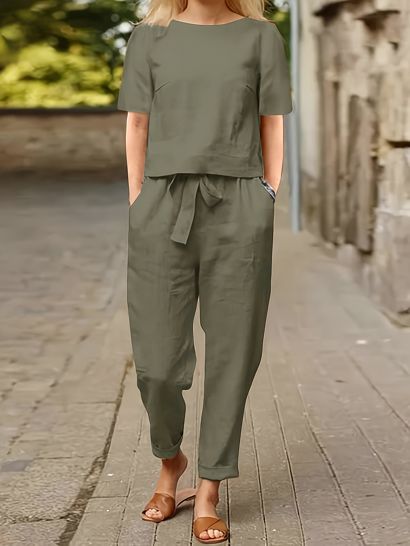   and summer womens suit   short sleeved top and tie wide leg pants   short loose round neck t shirt pants loose and thin small   to   the body comfortable and   suitable for daily  