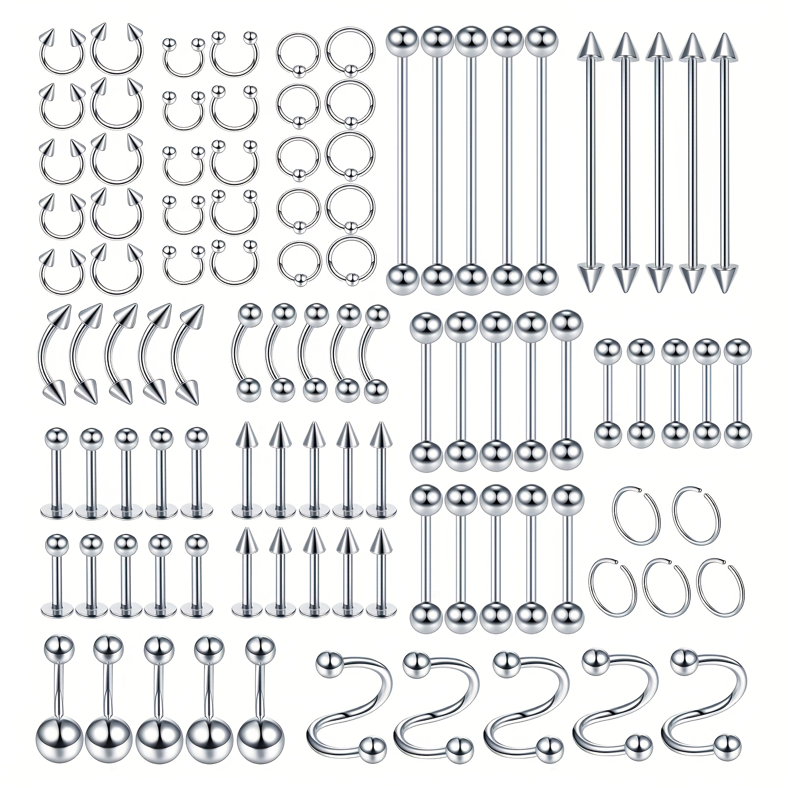 100pcs piercing kit jewelry 14g 16g 20  rings lip studs tongue rings stainless steel cartilage earrings tragus eyebrow industrial barbell belly rings body piercing kit jewelry 0