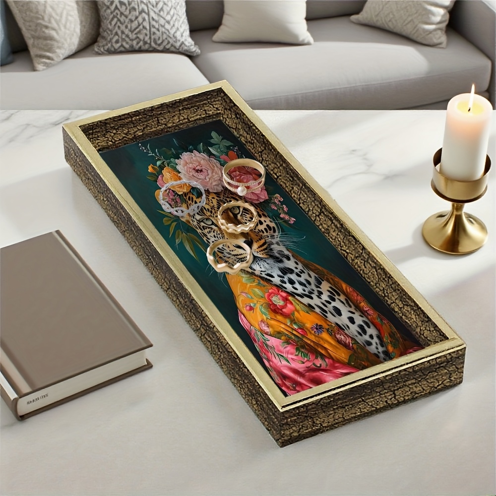 TEMU Glass Tray, 1pc, Painting Leopard Flowers On Its Head, Storage Tray For Jewelry, Perfumes, Key, Ornament, Suitable For Living Room, Kitchen,